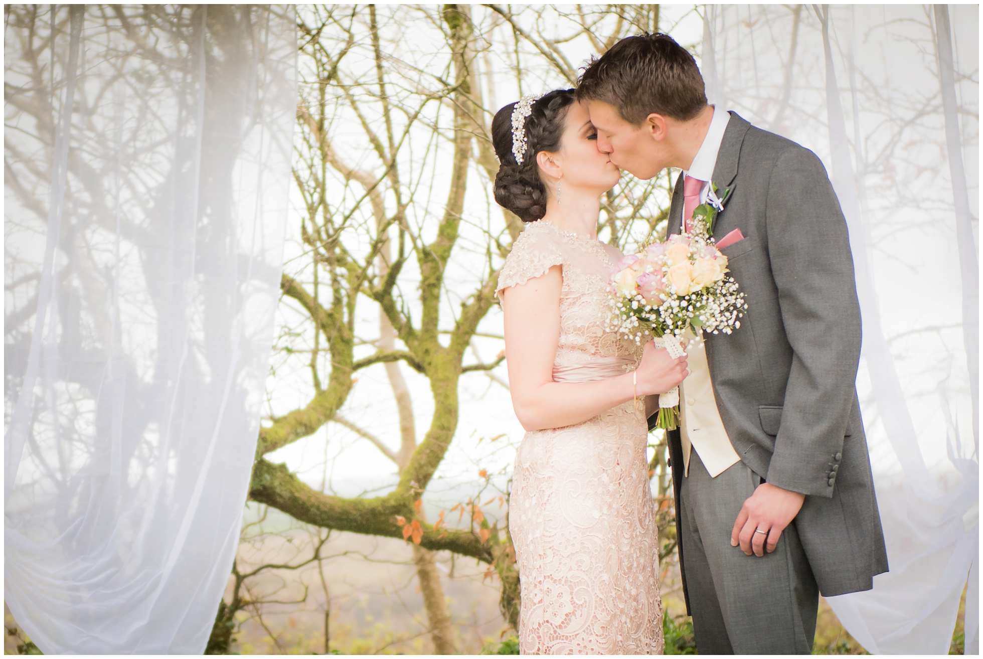 Bride and groom kissing Trevena Cornwall Wedding Photography