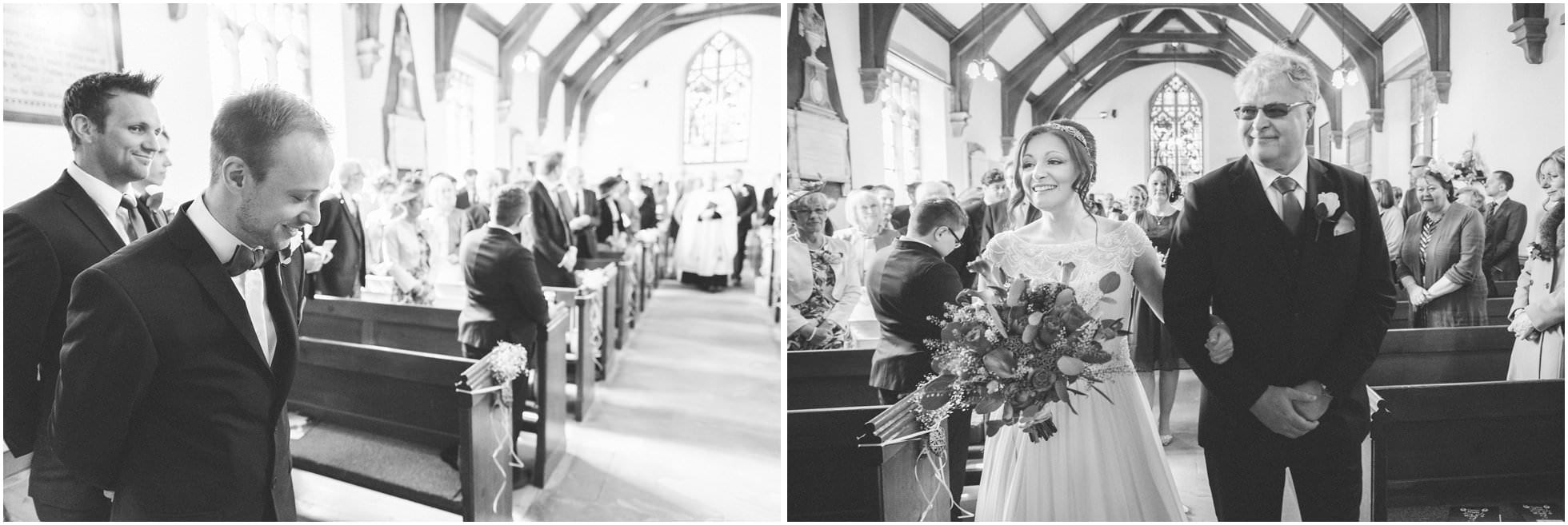 Bride coming down the aisle at Sand Hutton Church, North Yorkshire