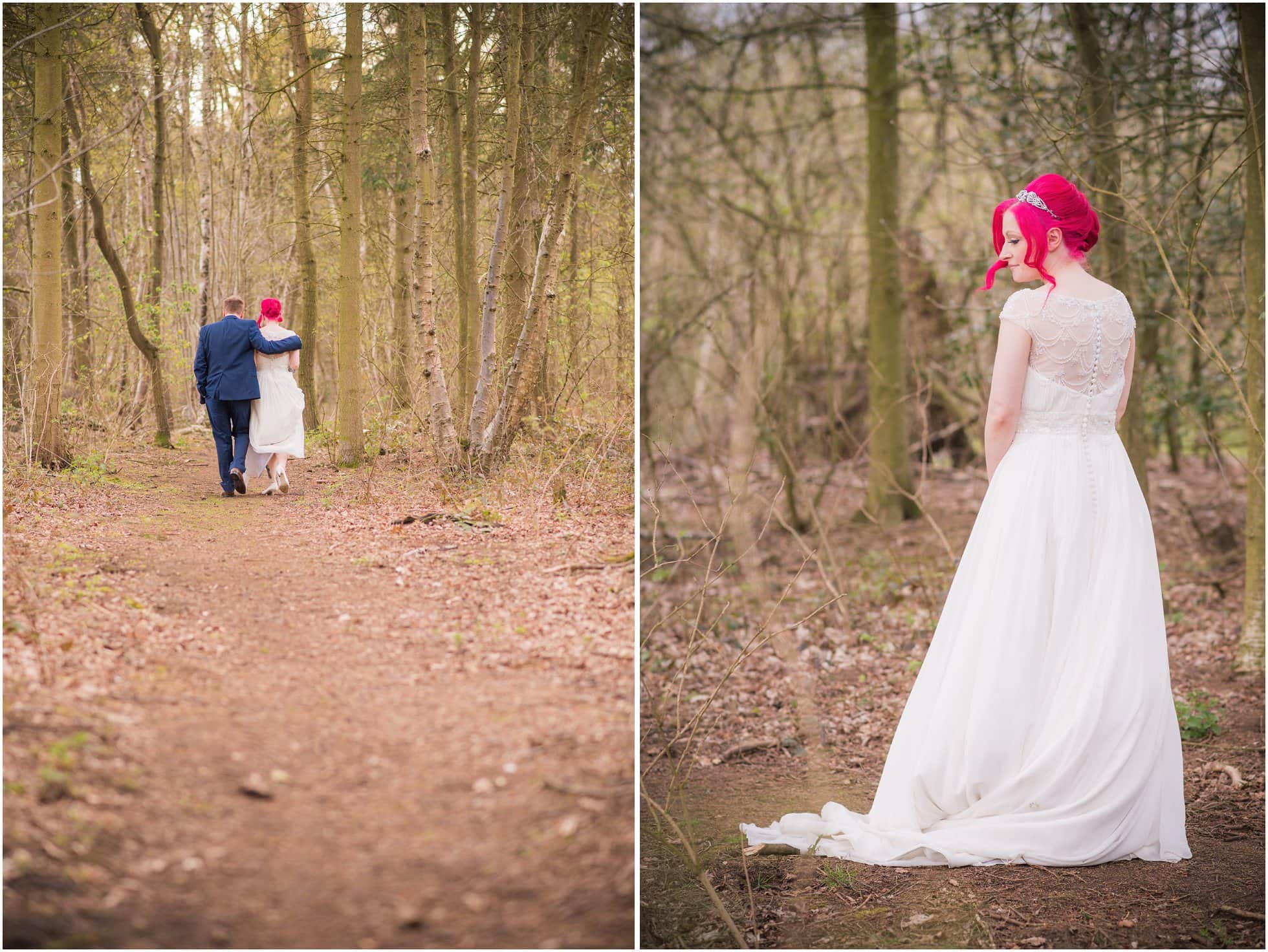 Bright pink hair bride looking awesome in the woods