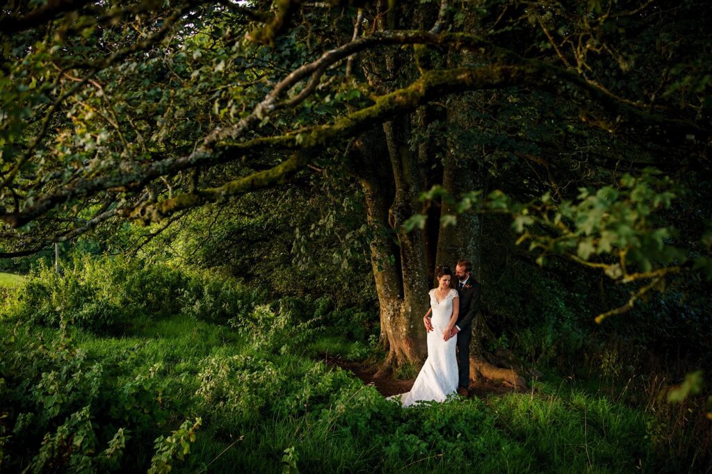 Beautiful photo of bride and groom under a tree at golden hour