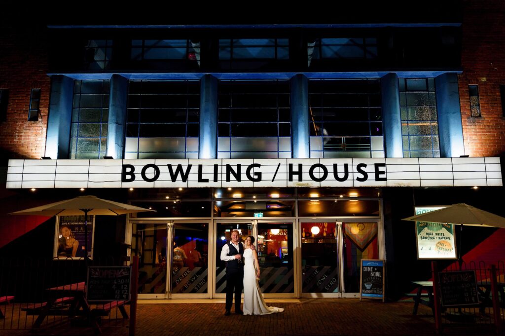 Wedding couple in front of The Bowling House, Norwich